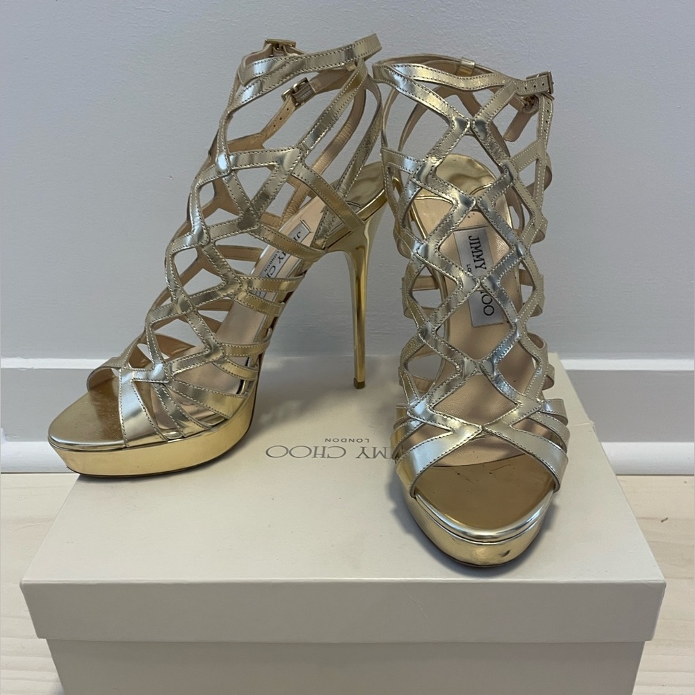 Jimmy Choo gold mirror heels. Come with box